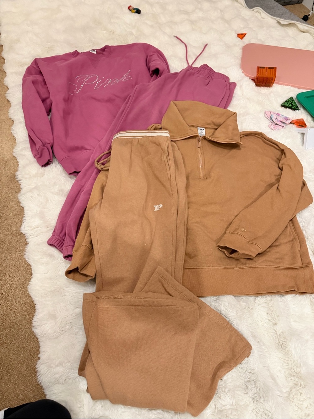Women’s Victoria Secret  Pink Sweatshirt and Tan Fleece Bottoms Set